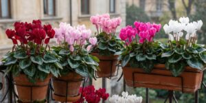 Un balcone con tanti ciclamini in fiore