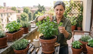 donna cima o pota la sua pianta di menta vaso
