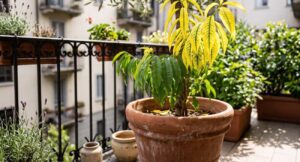 pesco in vaso balcone foglie gialle