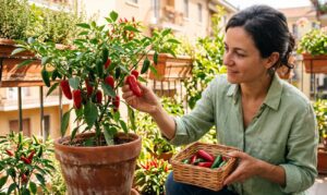 ragazza raccoglie peperoncini in vaso
