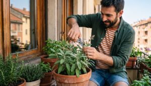 ragazzo mentre cima la salvia in vaso
