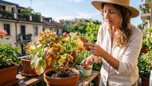 signora guarda foglia di ortensia scottata dal sole
