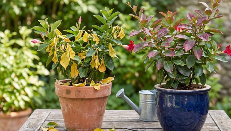 Dipladenia in vaso con foglie gialle e rosse