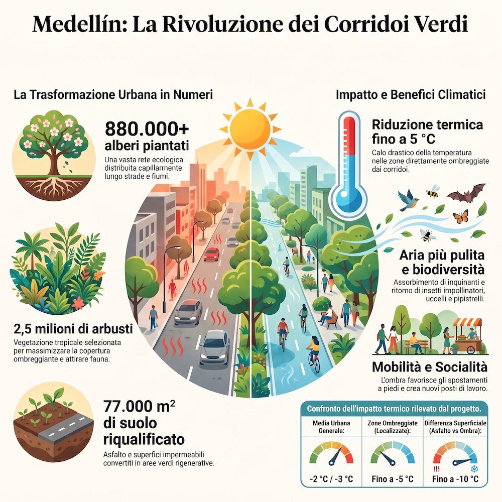 Infografica Medellín rivoluzione alberi per abbassare temperature