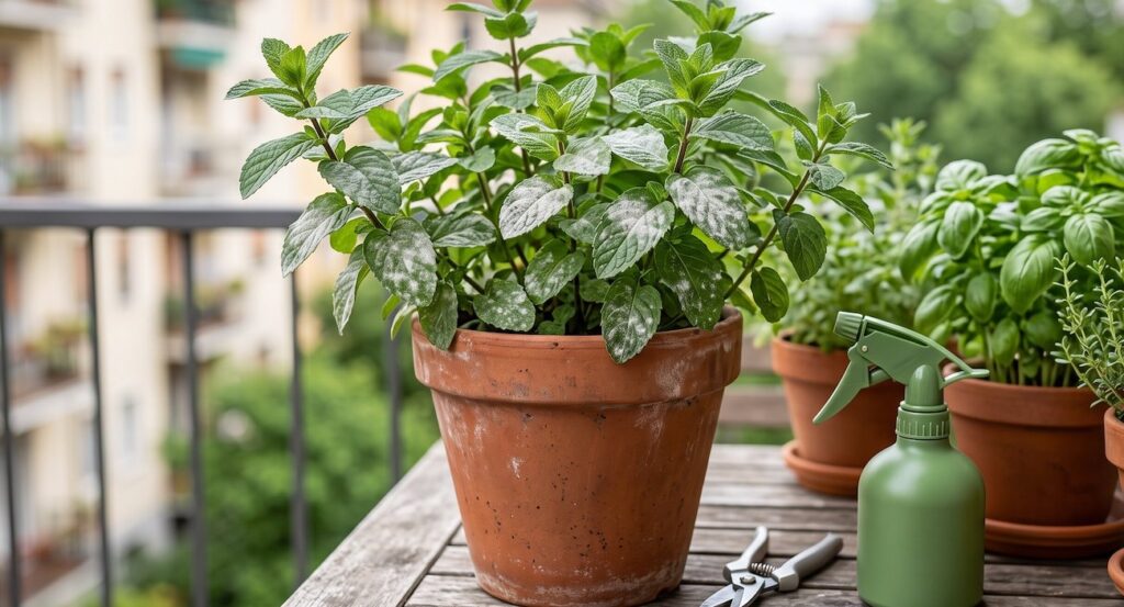 Menta in vaso foglie bianche oidio