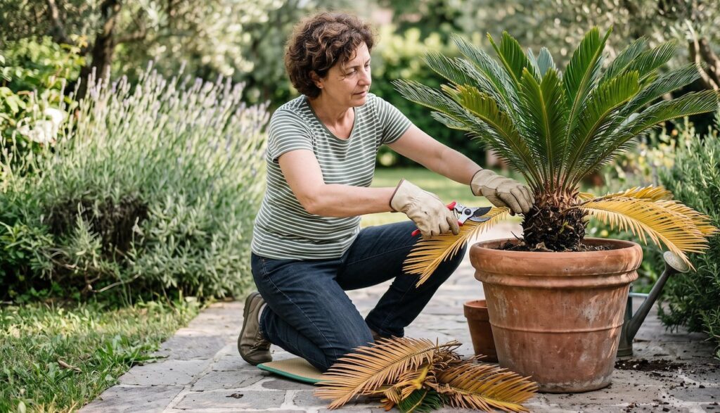 donna mentre pota una cycas in vaso