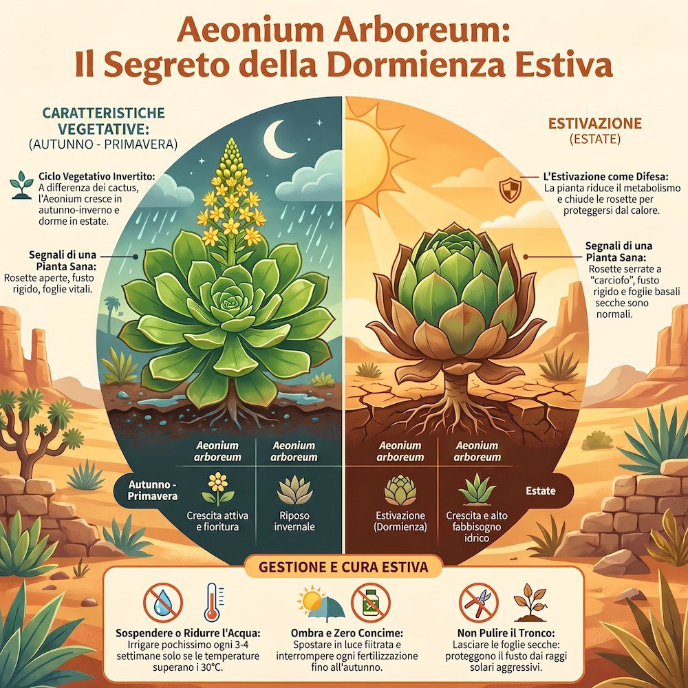 infografica aeonium arboreum in estate e inverno