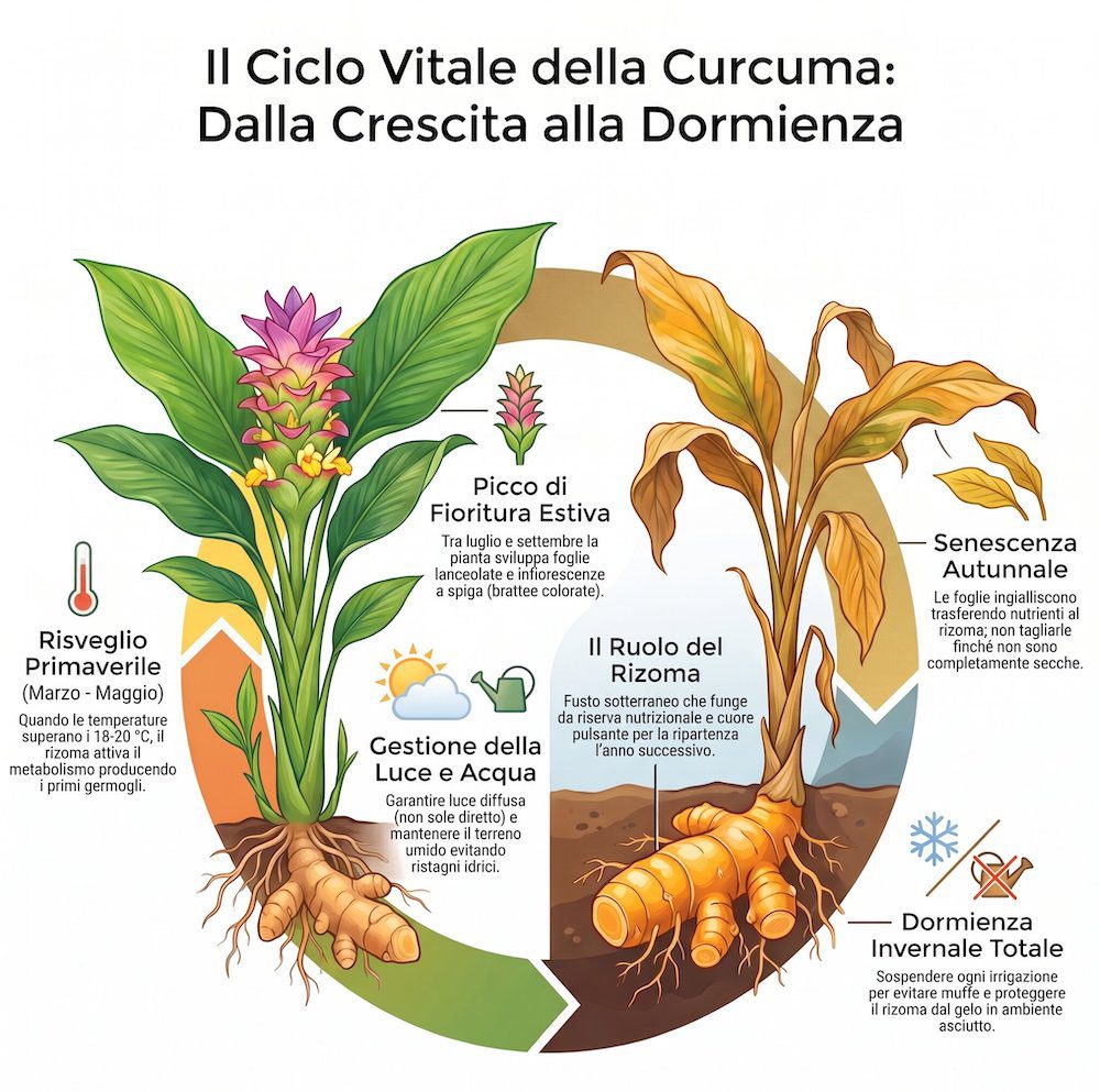 infografica ciclo vitale curcuma pianta