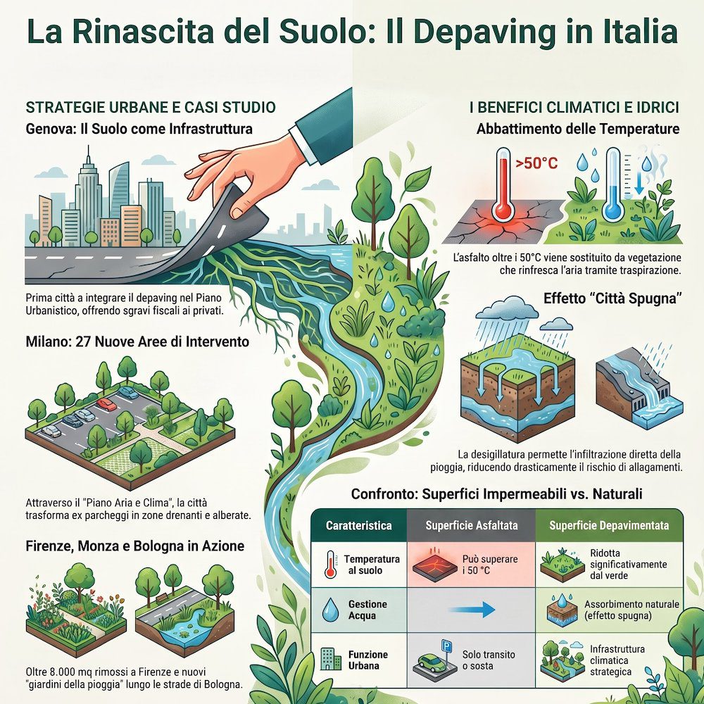 infografica citta italiane rimuovono asfalto per alberi