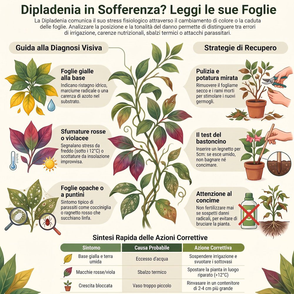 infografica dipladenia foglie gialle e foglie rosse