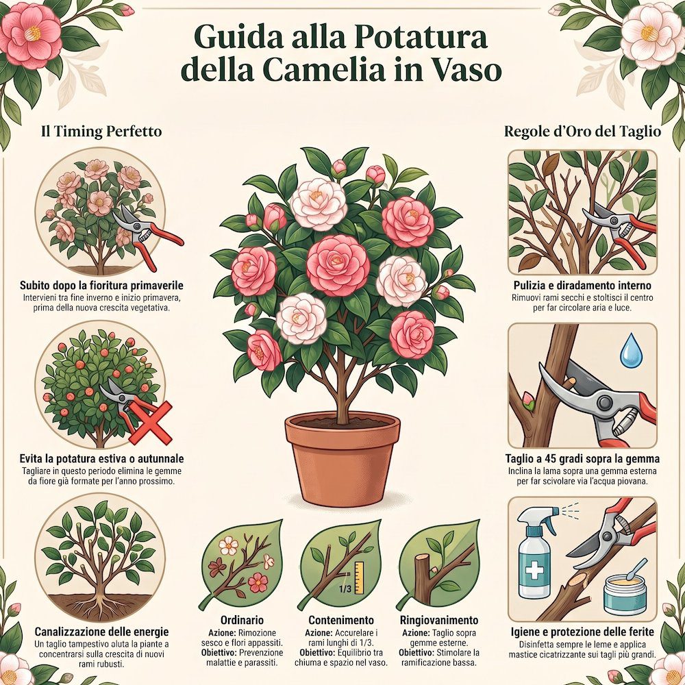 infografica potatura della camelia in vaso